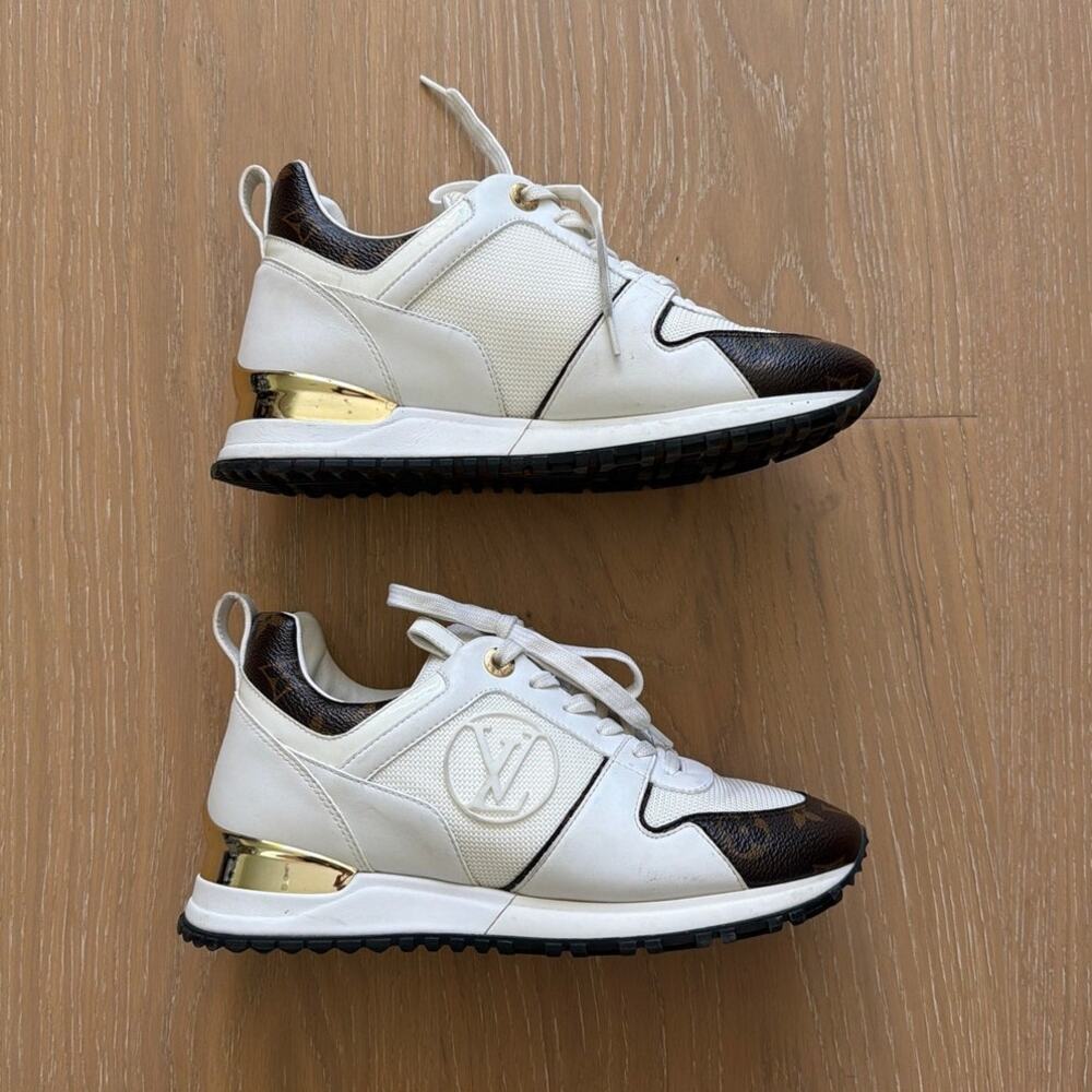 Louis Vuitton Calfskin Monogram Run Away Sneaker Size 37 in White Brown Gold - Picture 1 of 10